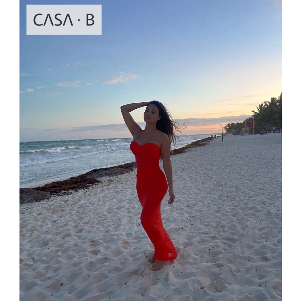 NEW to CASA B💫Theresa Front-Twist Strapless Lace Maxi Dress in Tangerine orange